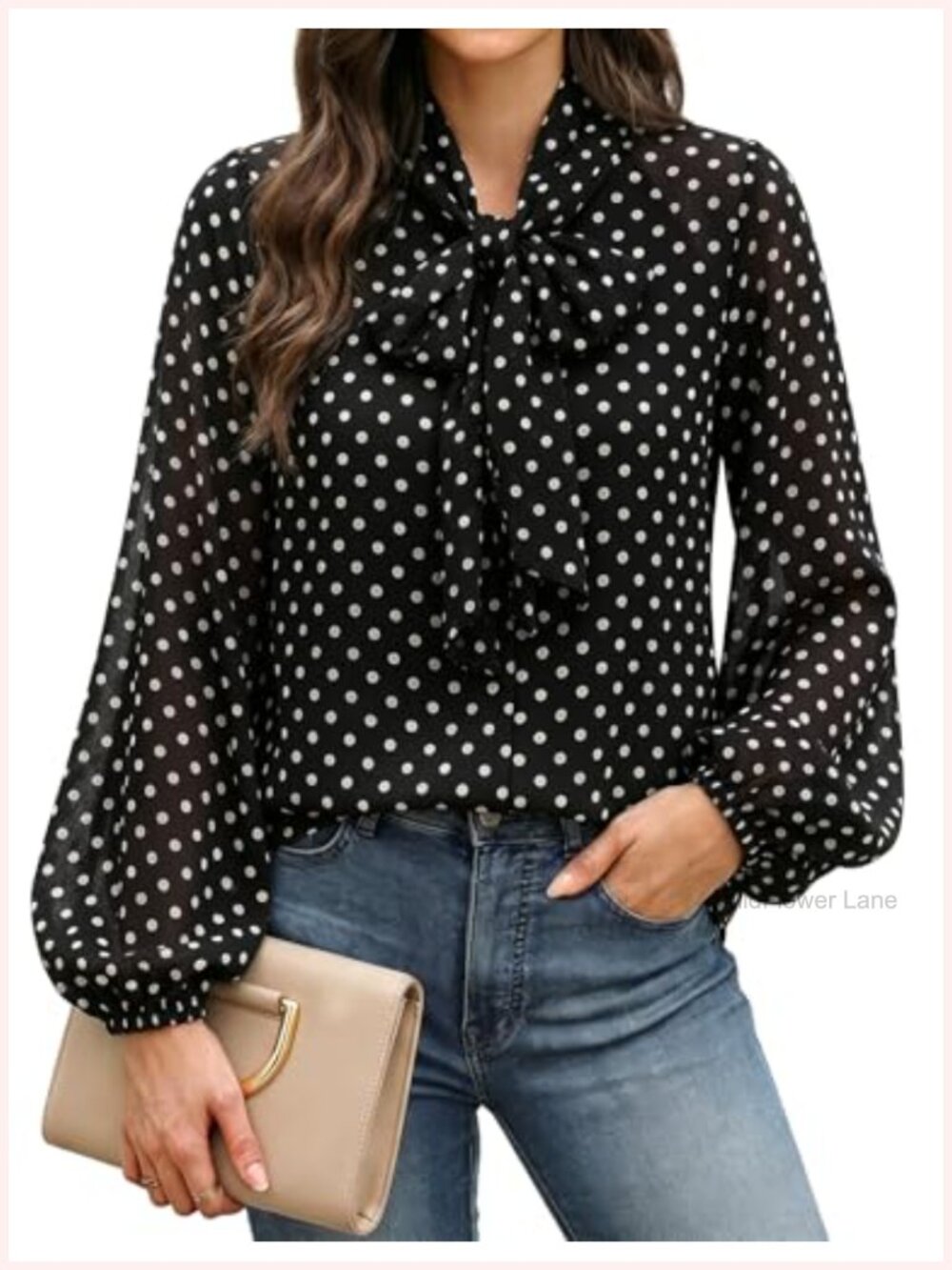 Women's Polka Dot Bow Tie Blouse Long Sleeve Chiffon Shirt